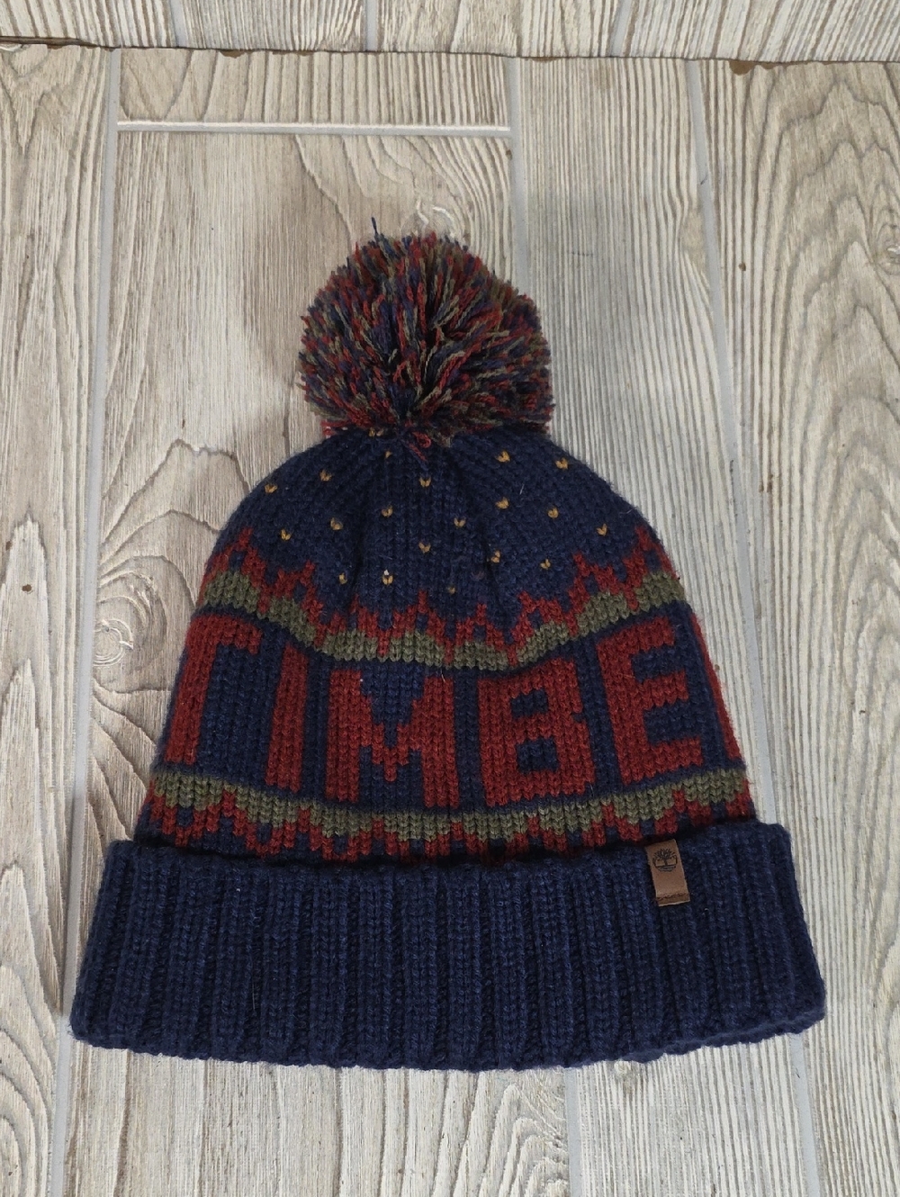 Timberland Knit-In Cuffed Beanie Fair Ise Logo Pattern With Pom Adult Unisex Hat